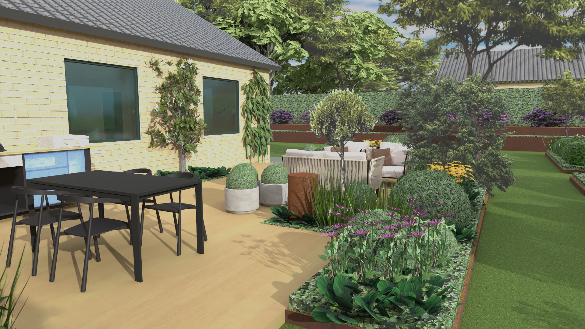 Den store træ terrasse er brudt op af fuldte bede der skaber intime rum.